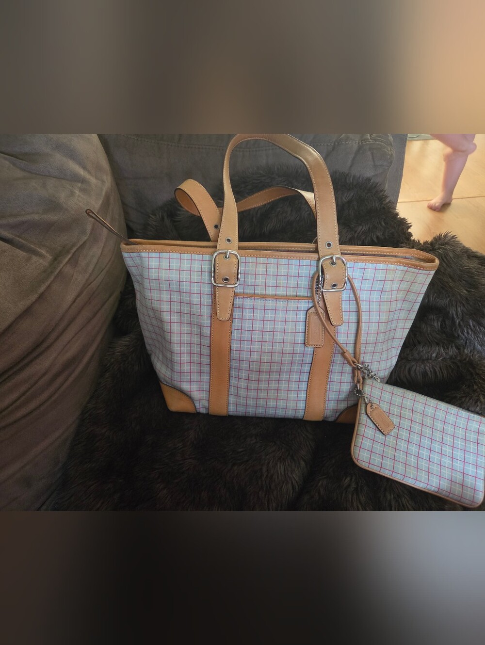 Tan Trim Plaid Tote Bag - Coach